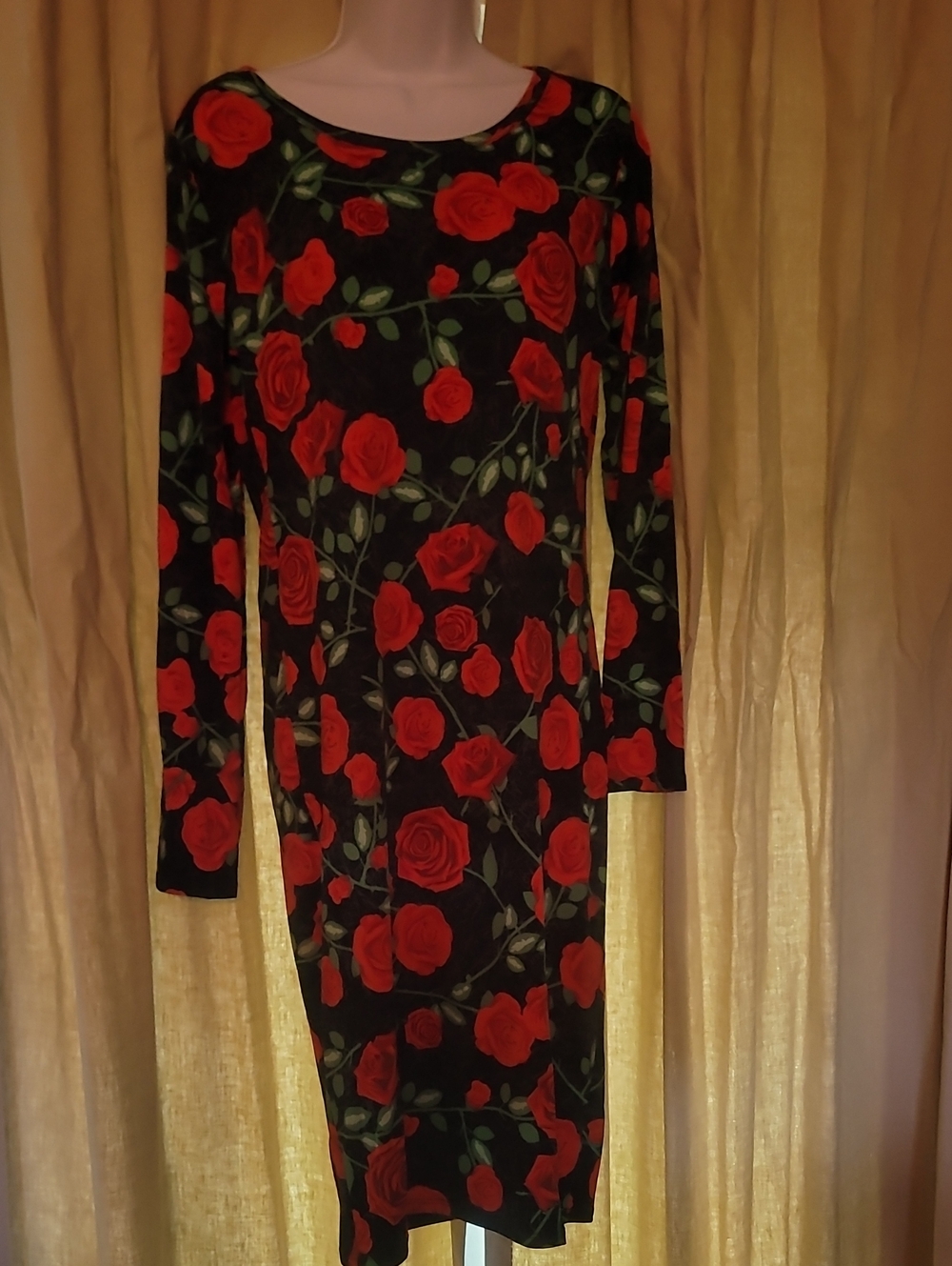 LuLaRoe Black Long-Sleeve Dress with Red Rose Print